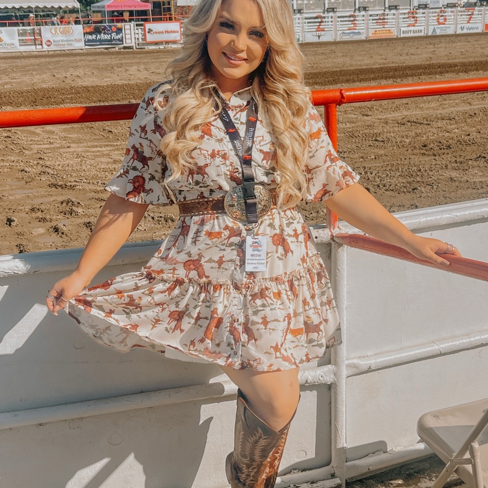 Cream Western Horse Print Button-Front Dress
